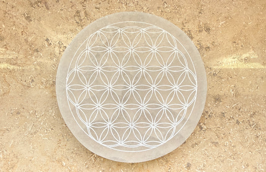 Runde Selenitplatte "Blume des Lebens"